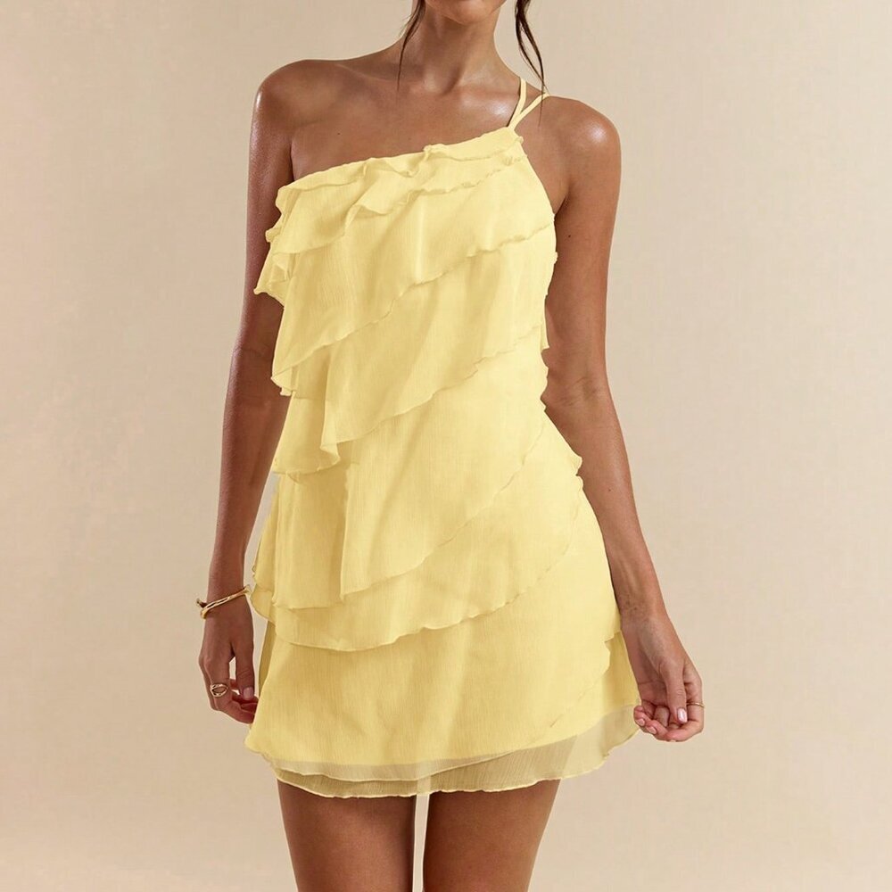 Yellow Party Women's Layered Lotus Leaf Mini Dress - Picture 6 of 7